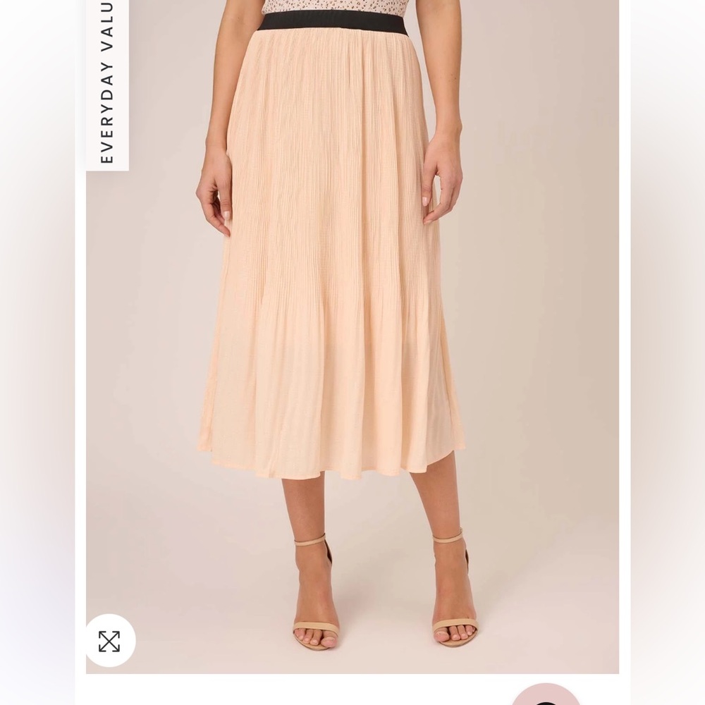 ADRIANNA PAPELL Dot Print Pleated Midi Skirt Elastic Waistband Champagne Ivory S